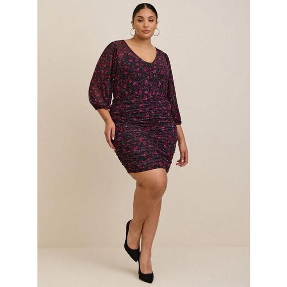Torrid Women's 3X Mini Mesh Button Shirt Dress Black Ditzy Floral Evening New - Picture 1 of 12